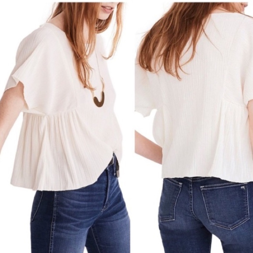Madewell Ivory Pleated Short Sleeve Blouse